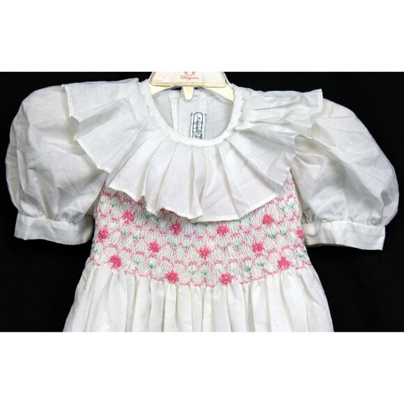 Vtg 90s Isabel Garreton Smocked White Dress 3T Dots Pleated Collar Pink Flowers - Picture 2 of 12